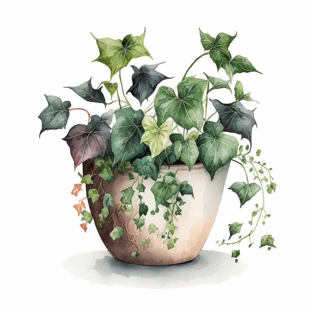 Painting of a potted plant with green leaves.