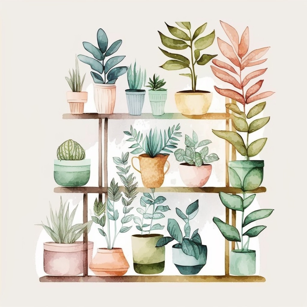 Watercolor painting of a shelf filled with potted plants by Annabel Kidston.