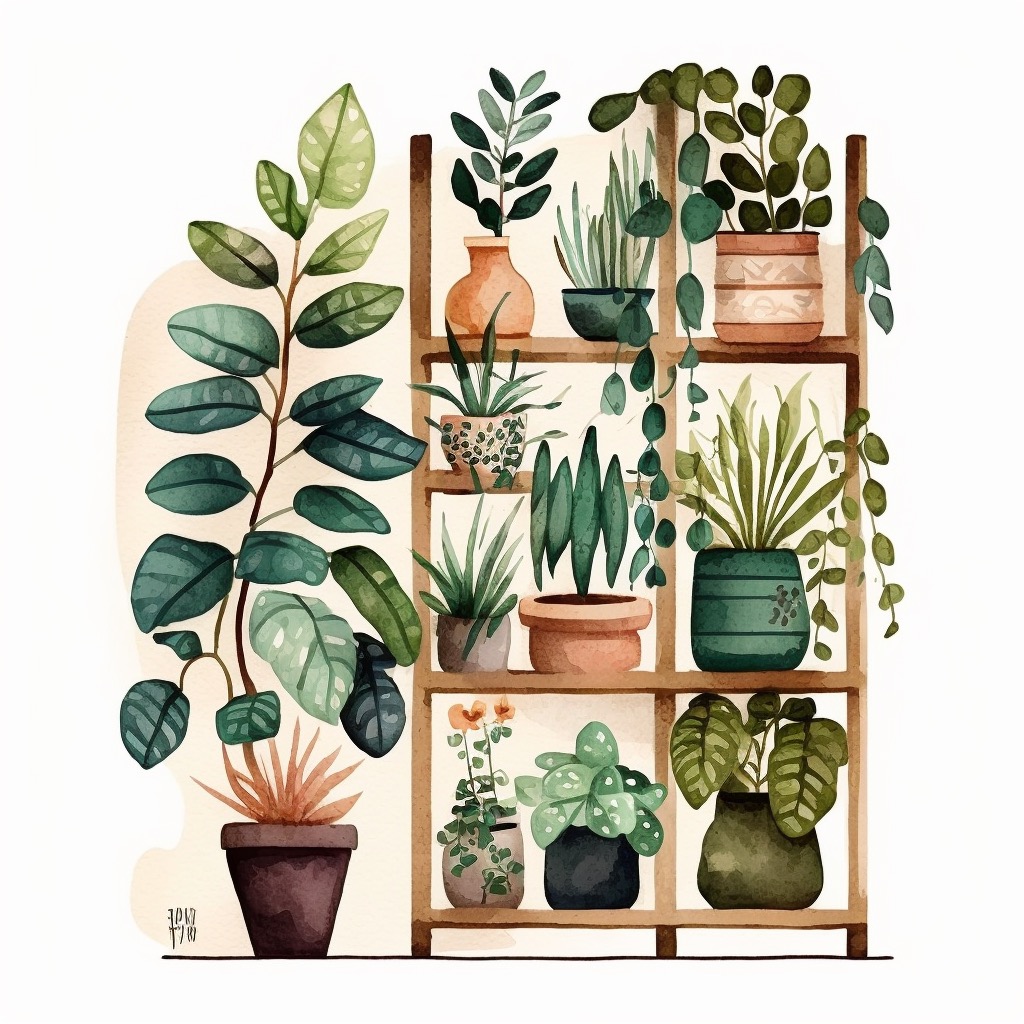 Painting of a shelf filled with potted plants.