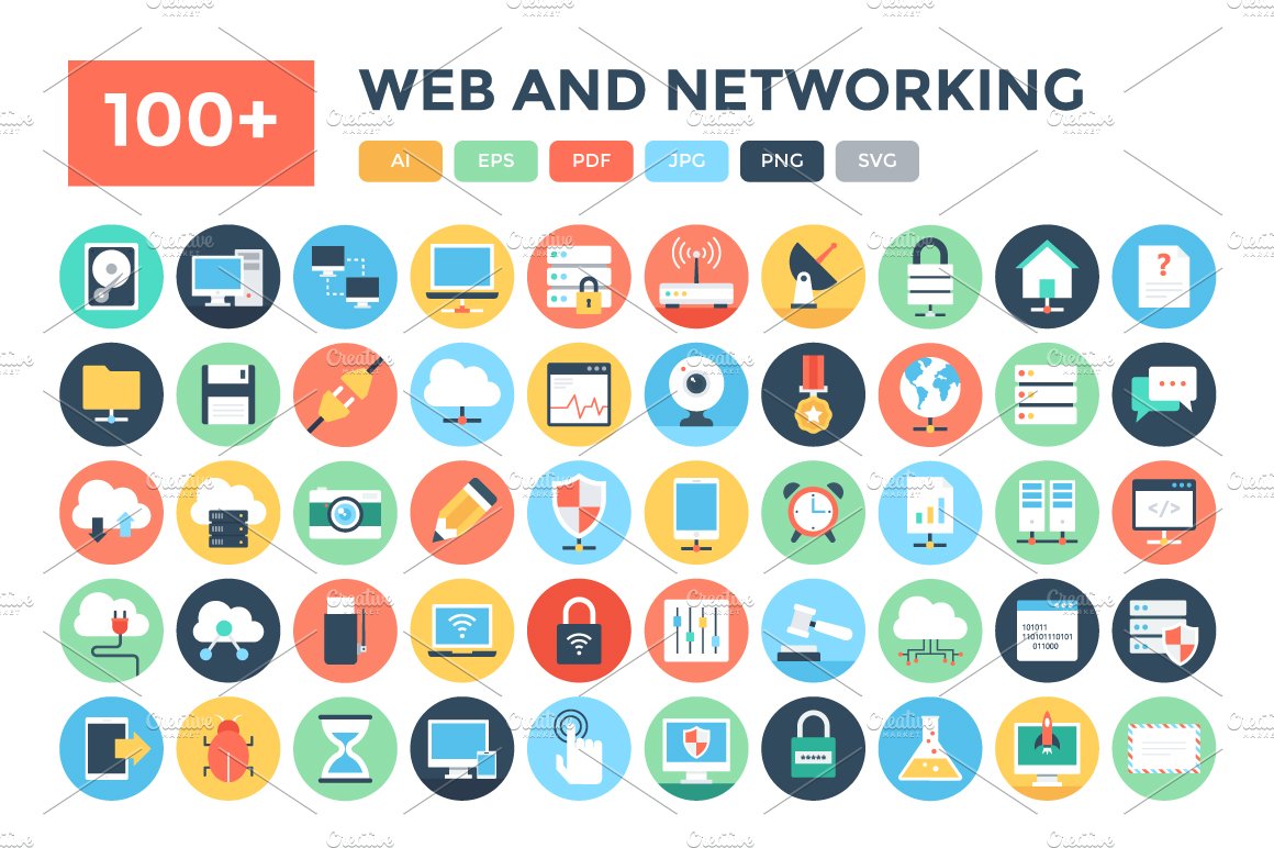 100+ Flat Web and Networking Icons cover image.