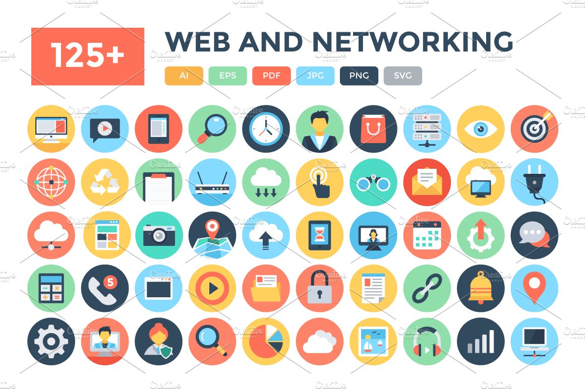 125+ Flat Web and Networking Icons cover image.