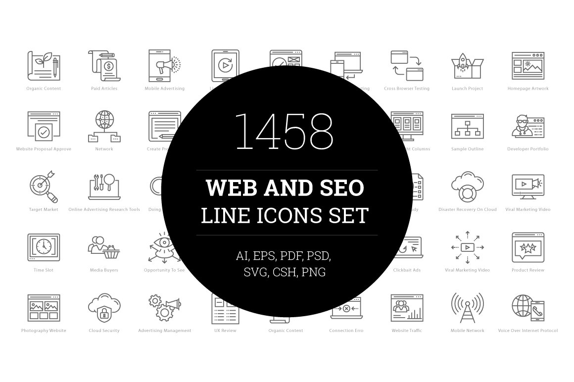 1458 Web and Seo Line Icons Set cover image.