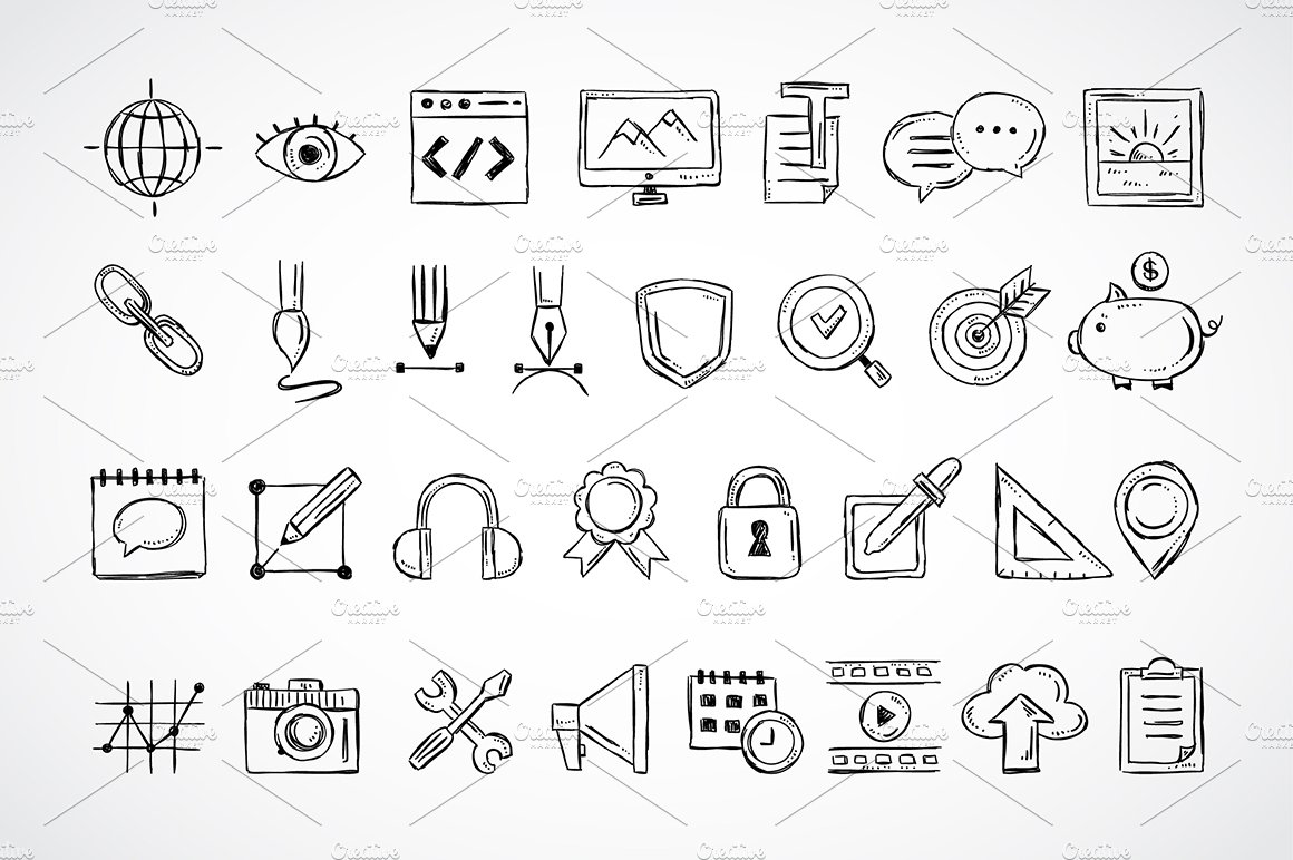 Web design sketch icons preview image.