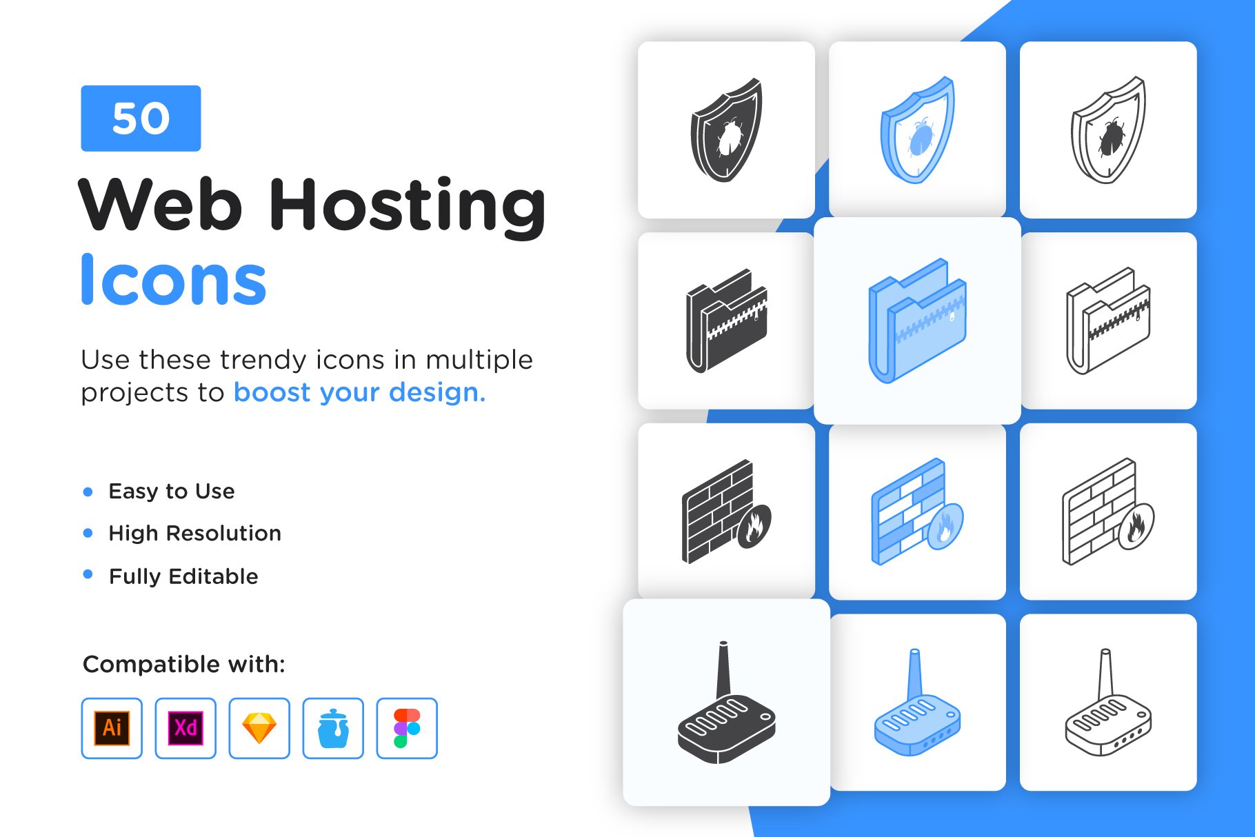 50 Web Hosting Icons – Vector Design cover image.