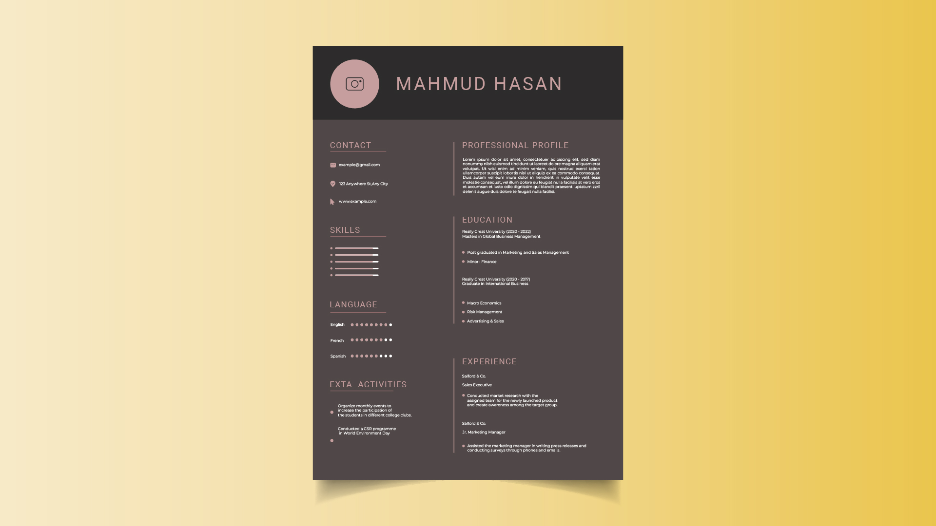Black and yellow resume on a yellow background.