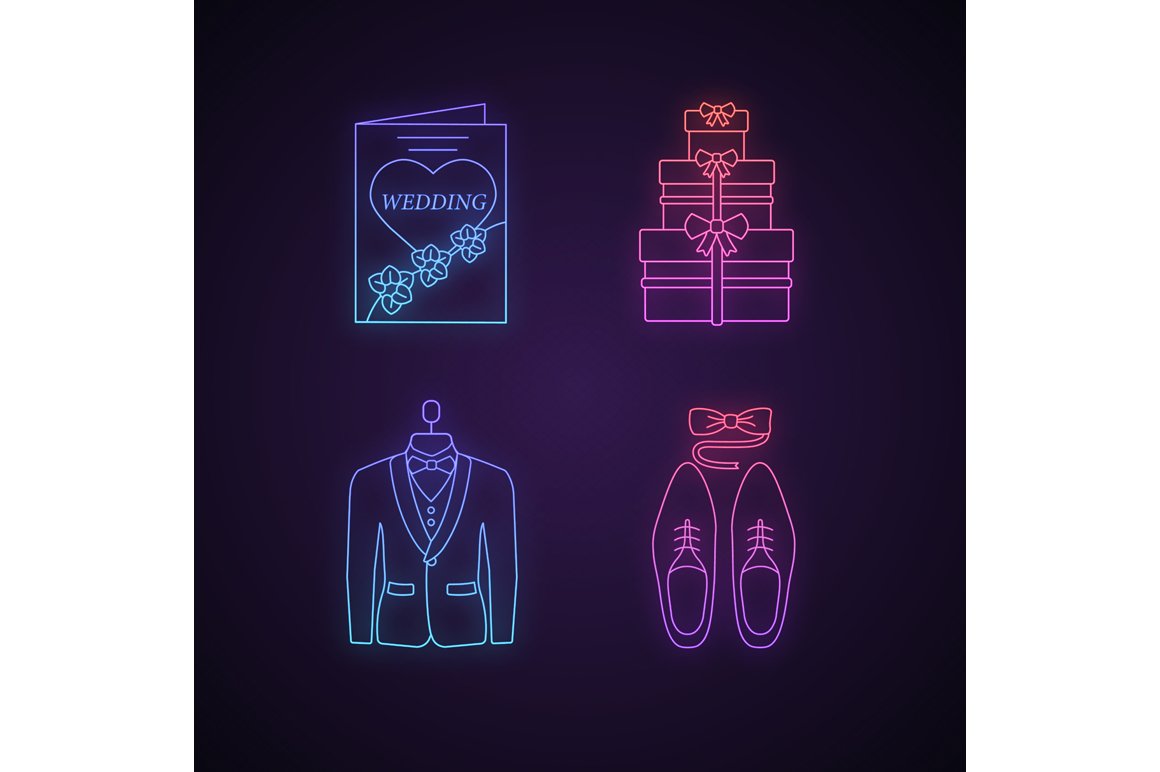 Wedding planning neon light icons cover image.