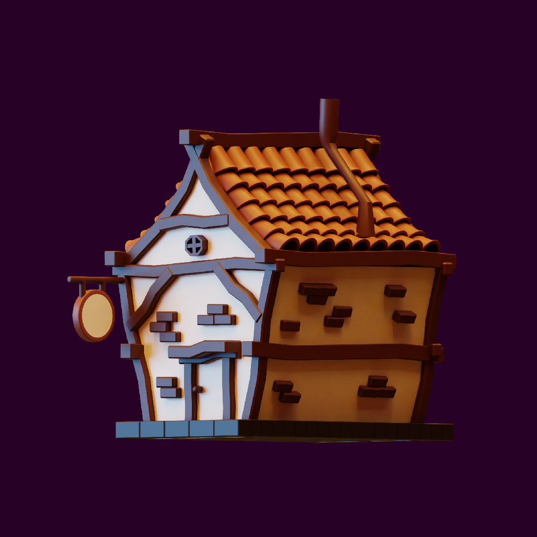 Paper model of a house on a purple background.