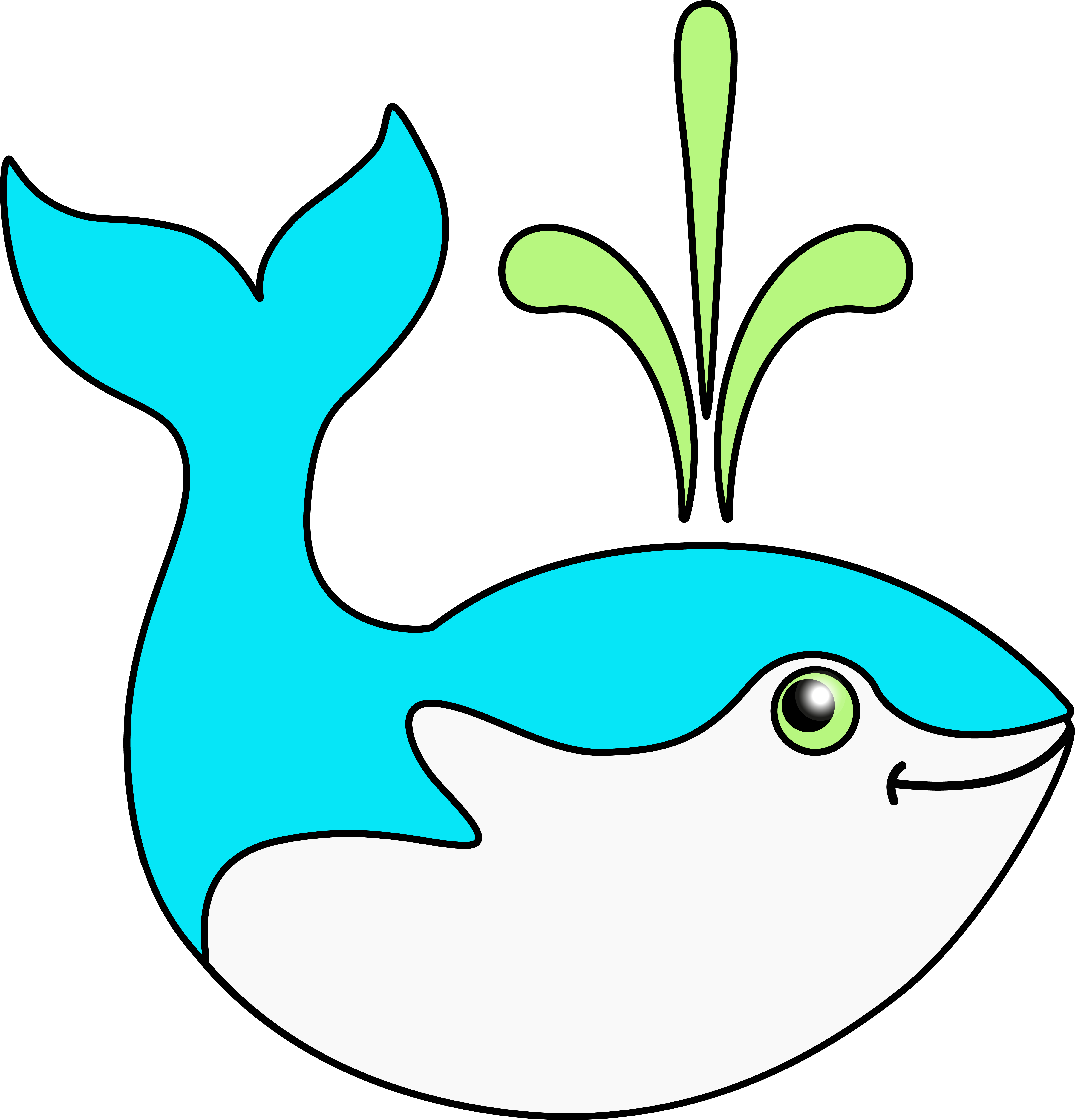 Blue and white whale with a green tail.