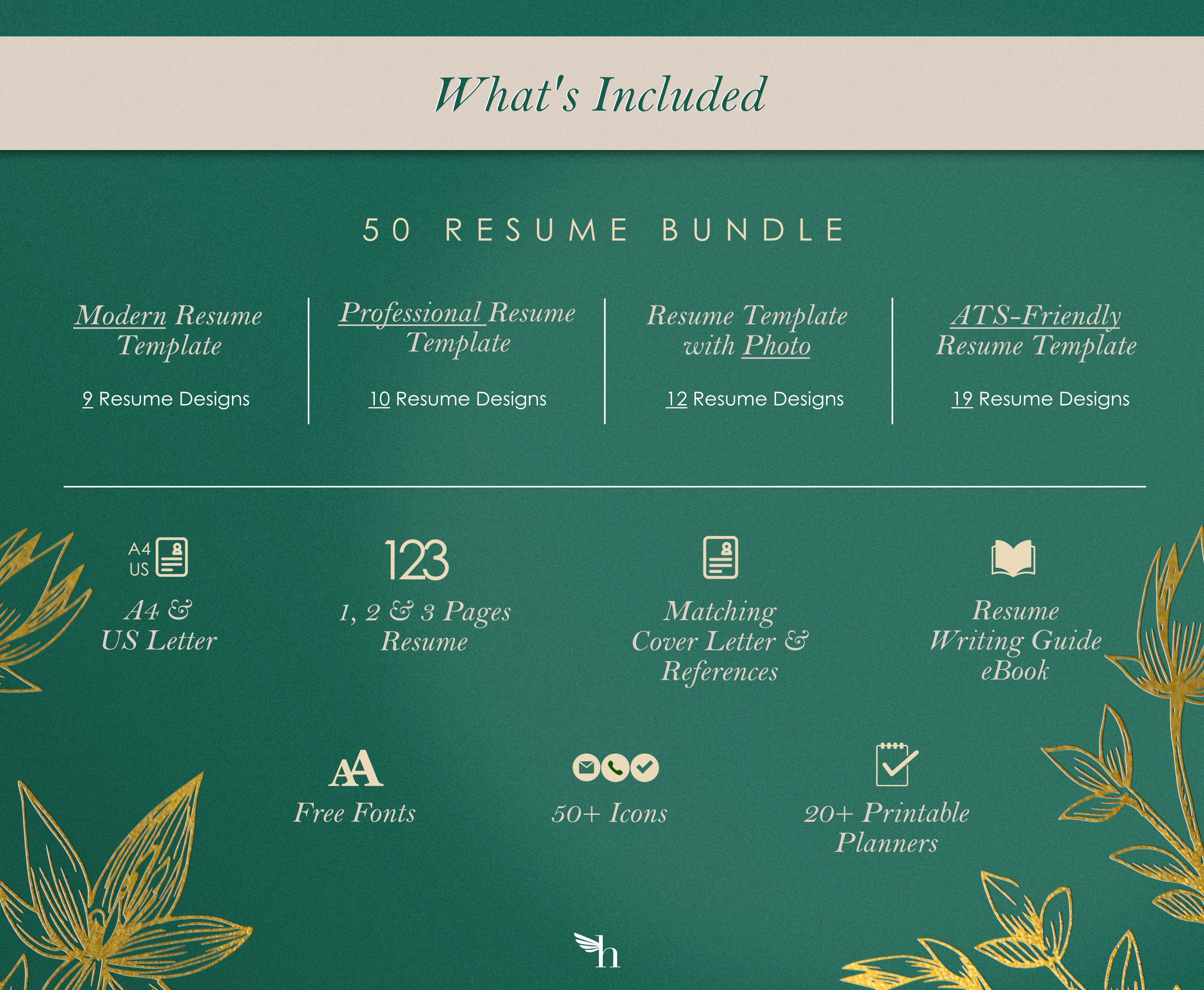 Green and gold floral resume bundle.