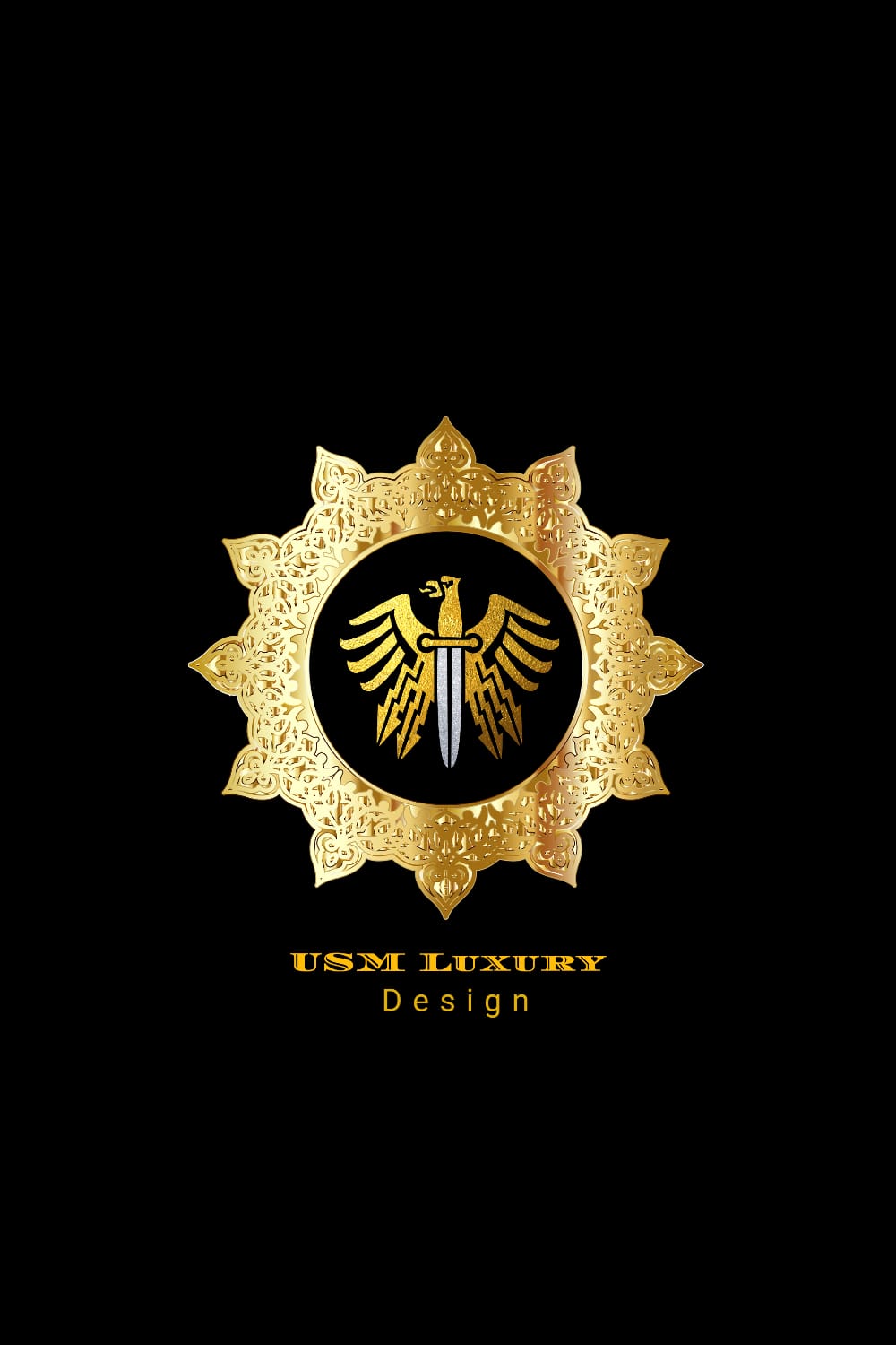 Gold emblem with a sword and wings on a black background.