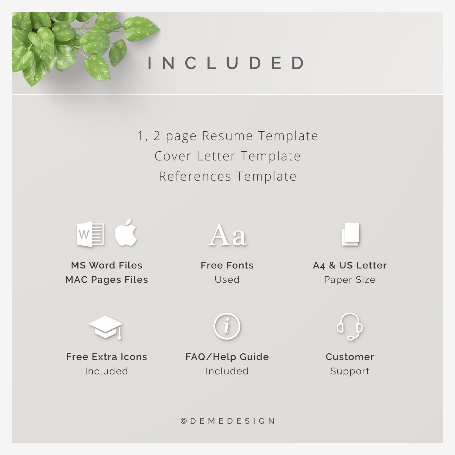 Clean and minimal resume template with green leaves.