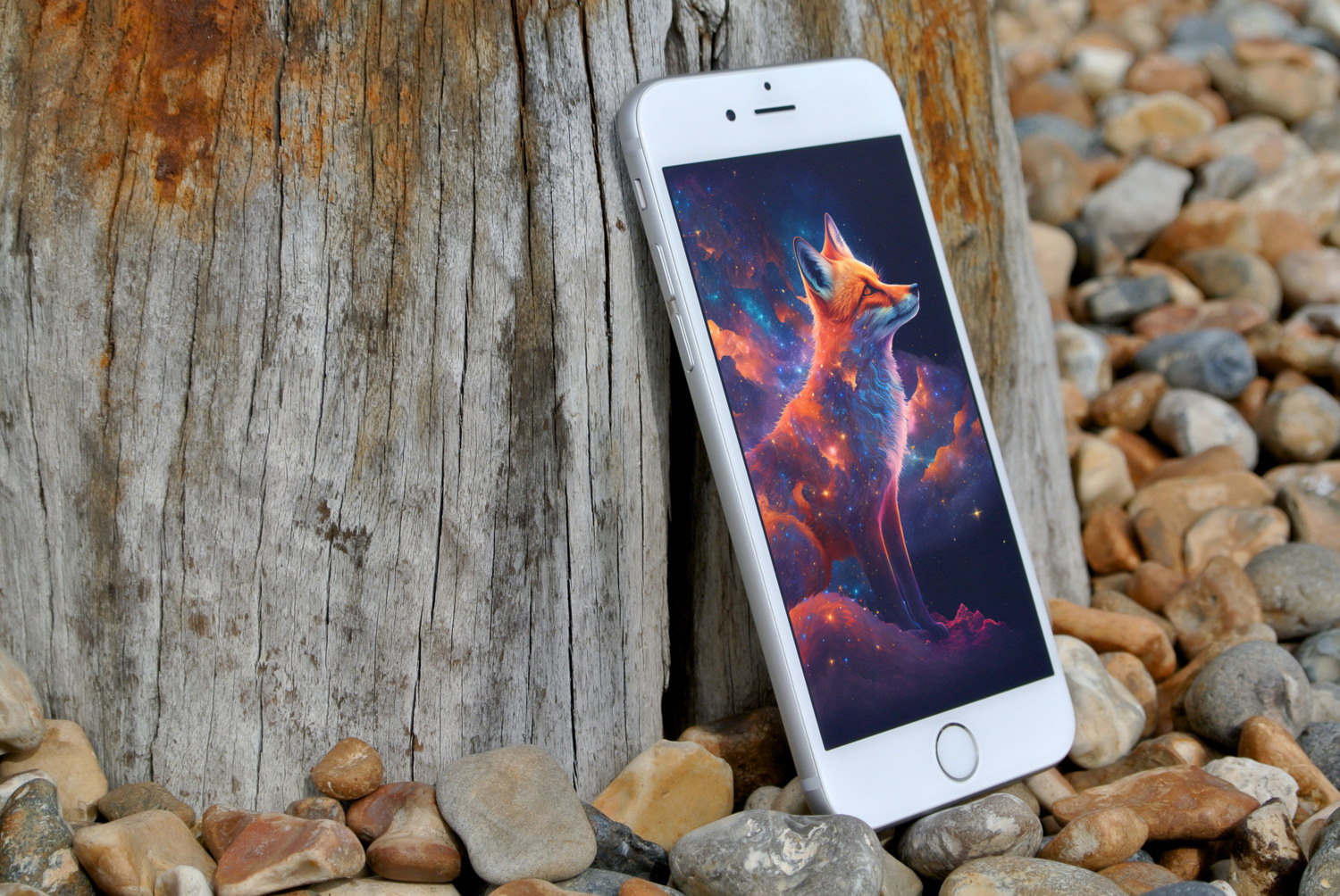 Cell phone sitting next to a tree stump.