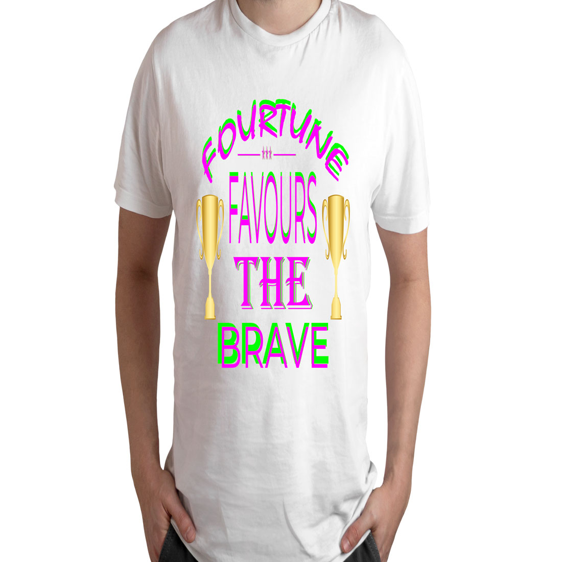 Man wearing a white t - shirt that says courting the famous the brave.