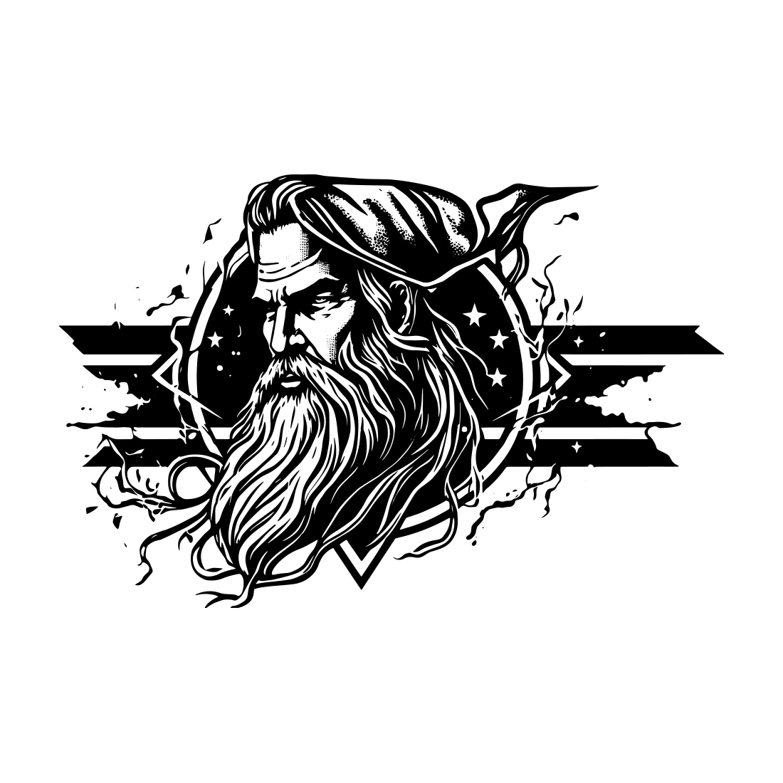 Black and white drawing of a bearded man.