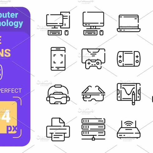 Computer technology line icons set cover image.
