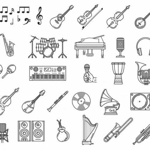 Music icons of piano, guitar cover image.