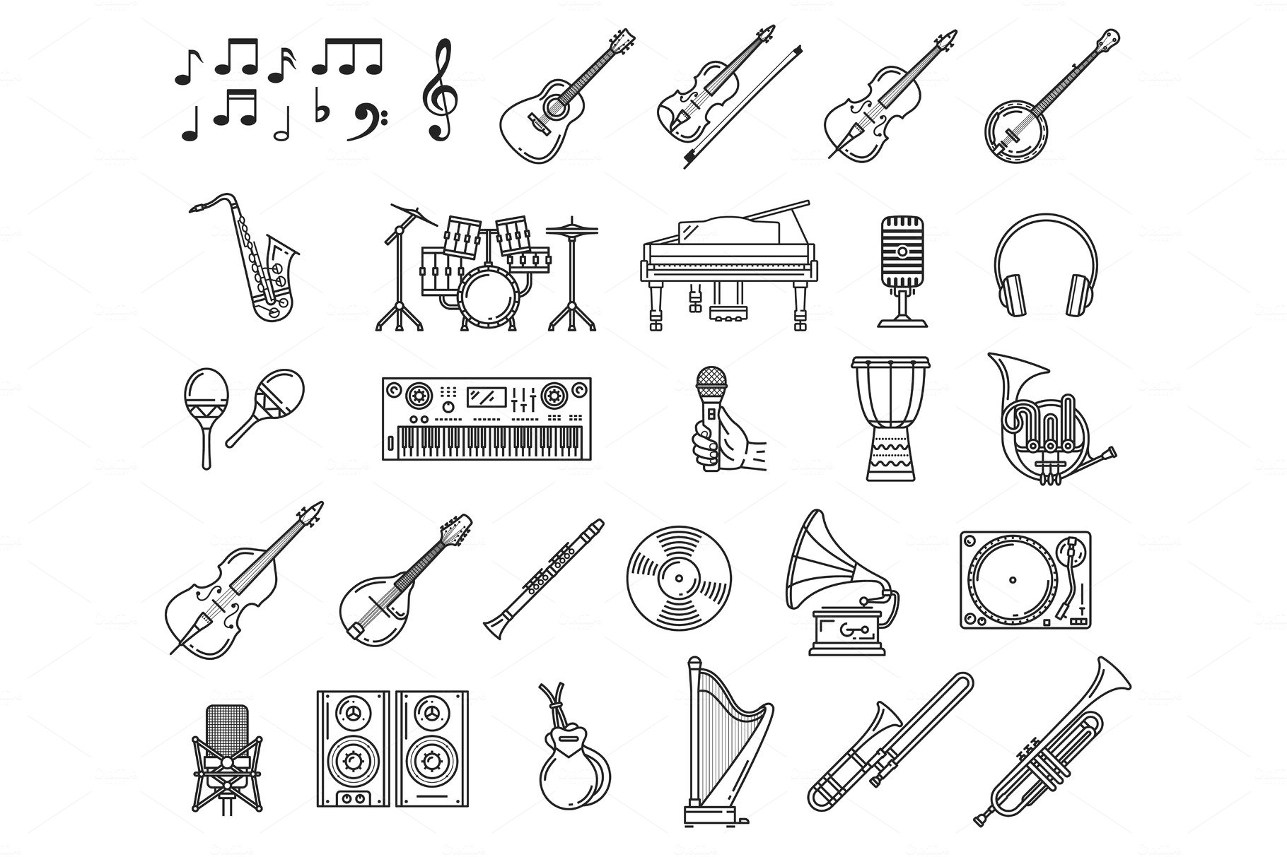 Music icons of piano, guitar cover image.
