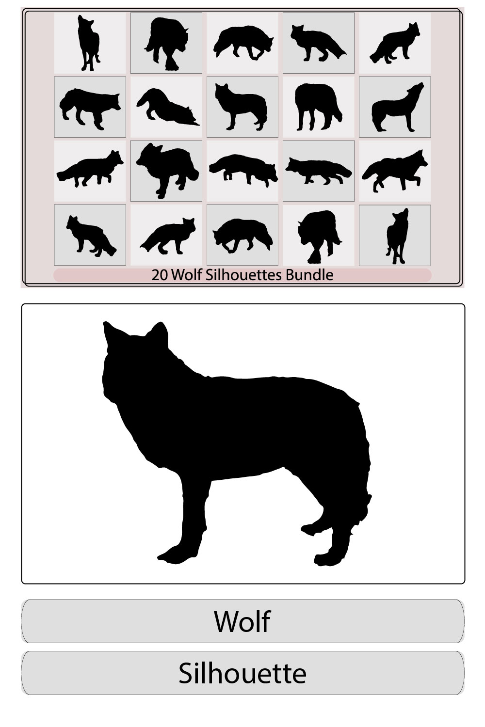 Set of wolf silhouettes,silhouette of wolf,Wolves Outline Collection, logo with wolf,Set the head of a wolf,Silhouette of a howling wild wolf for Halloween design element pinterest preview image.