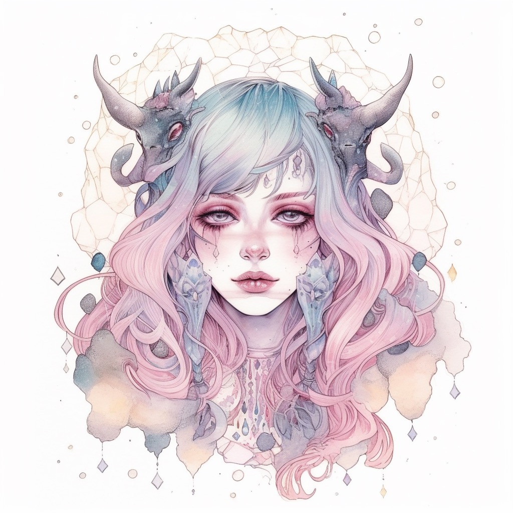 Drawing of a girl with horns on her head.