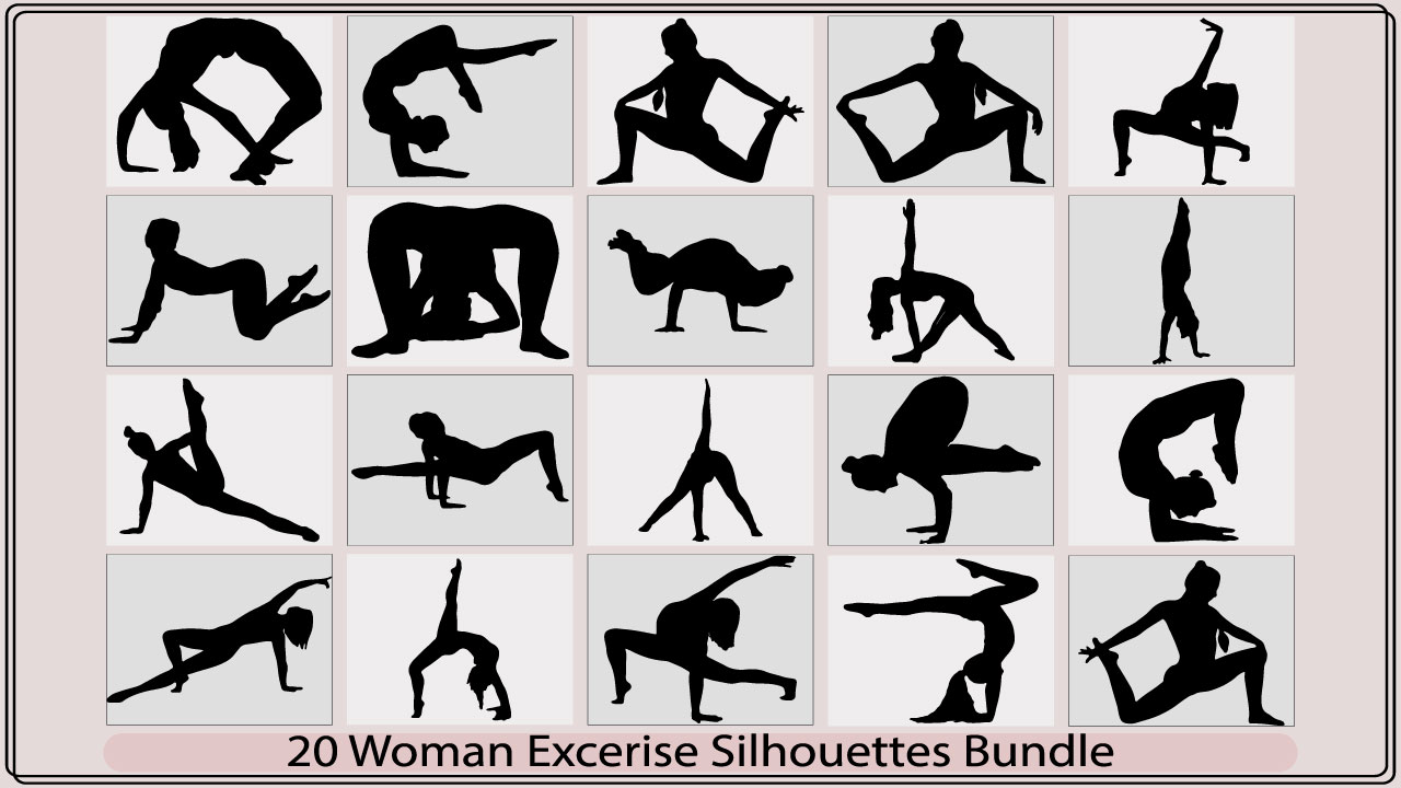 The silhouettes of a woman doing yoga poses.