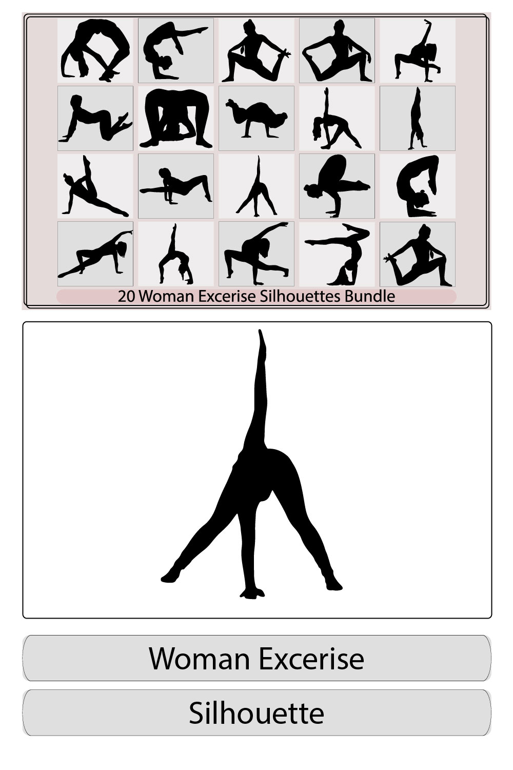 Woman doing exercise silhouette,Woman doing exercise silhouette bundle,Woman doing exercise illustration,Woman doing exercise vector, pinterest preview image.