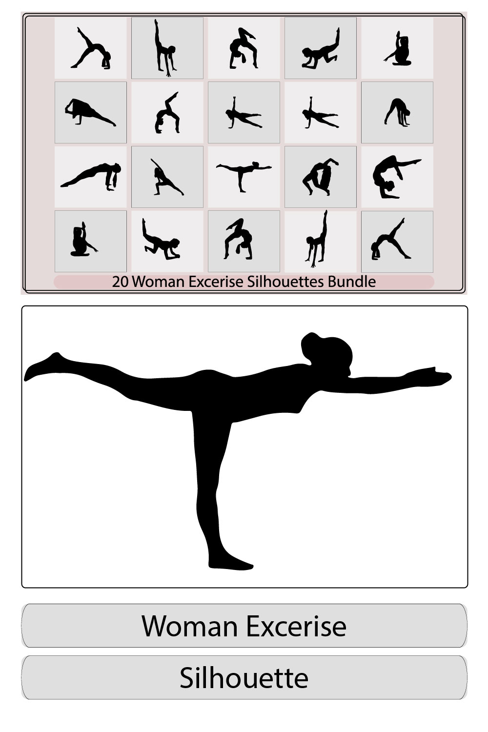 Woman doing exercise silhouette,Woman doing exercise silhouette bundle,Woman doing exercise illustration,Woman doing exercise vector, pinterest preview image.