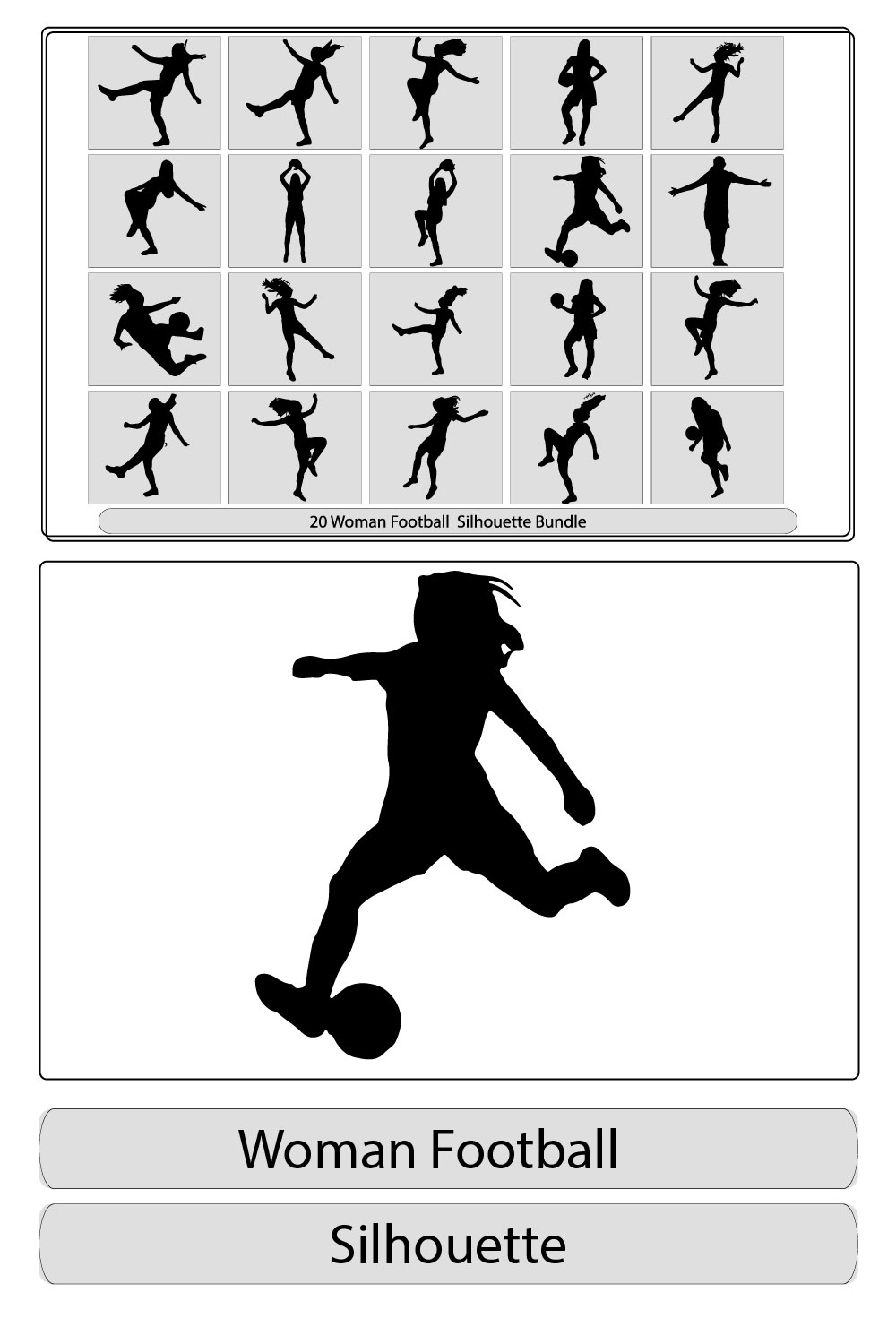 Woman's Soccer, Front View Sport Silhouette,Silhouette of a woman soccer player kicking ball pinterest preview image.