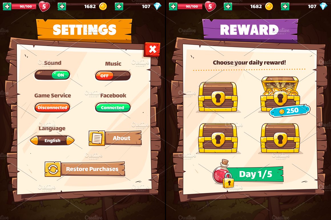 Wooden GUI for Mobile Game preview image.