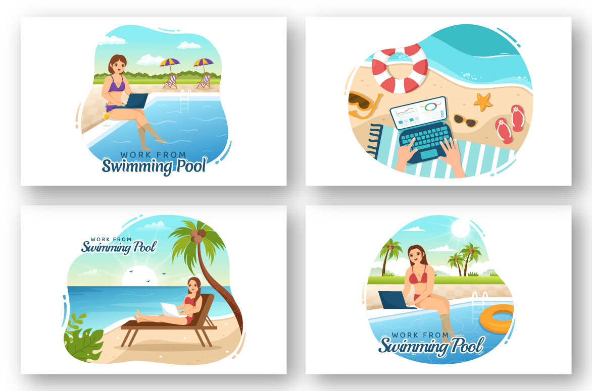 Set of four cards with a woman on the beach.