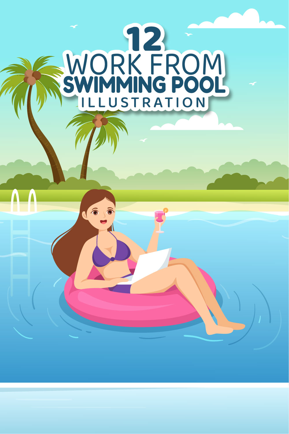 12 Work From Swimming Pool Illustration pinterest preview image.