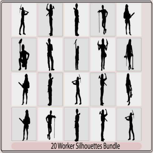 worker black silhouette in various poses art illustration,construction workers silhouettes,Engineer workers silhouette, cover image.