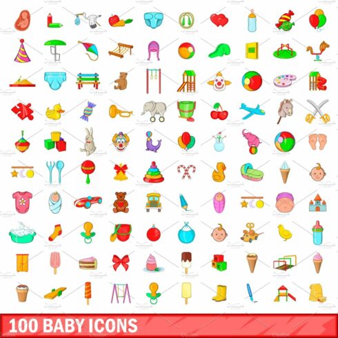 100 baby icons set, cartoon style cover image.