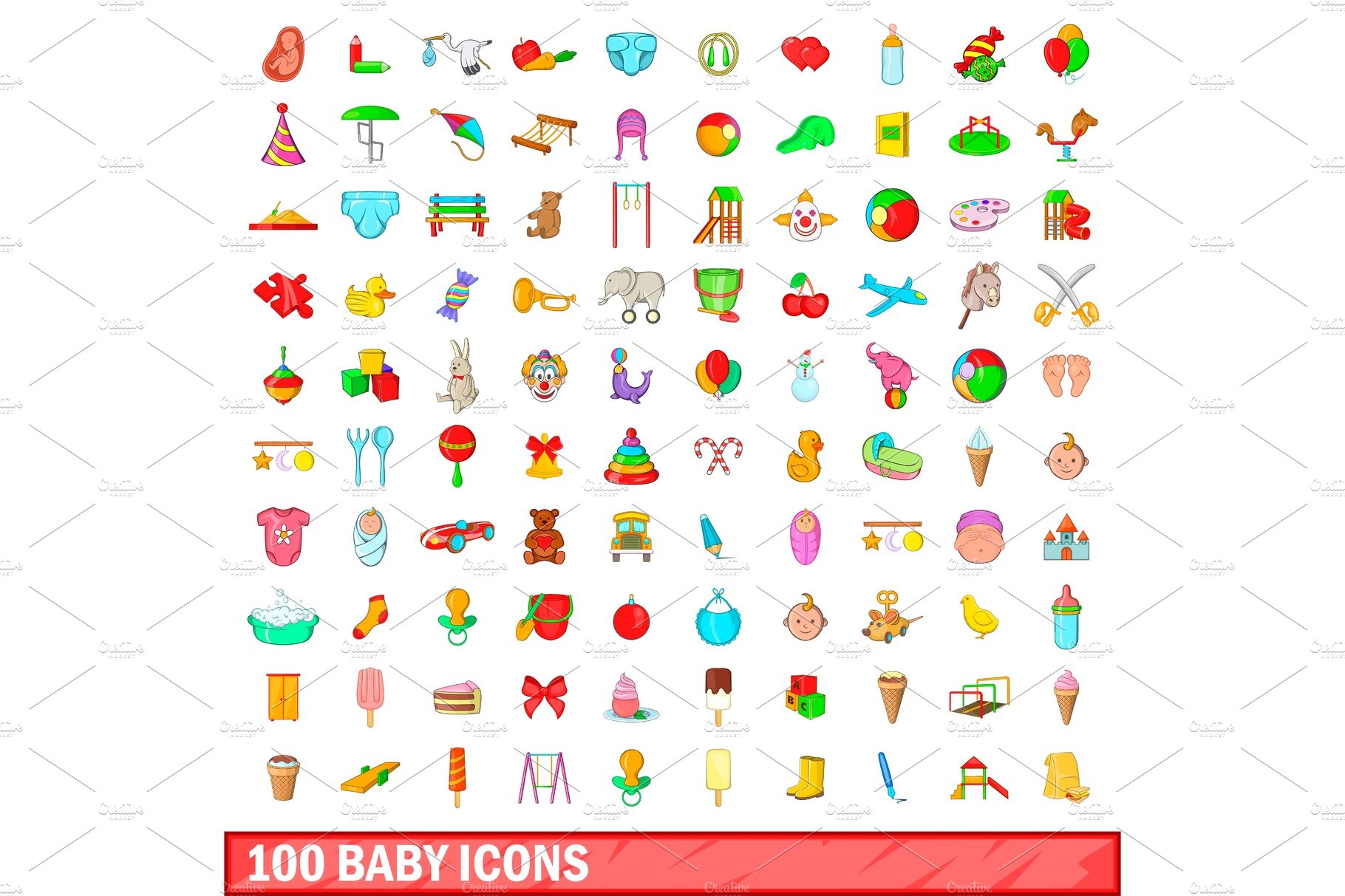 100 baby icons set, cartoon style cover image.