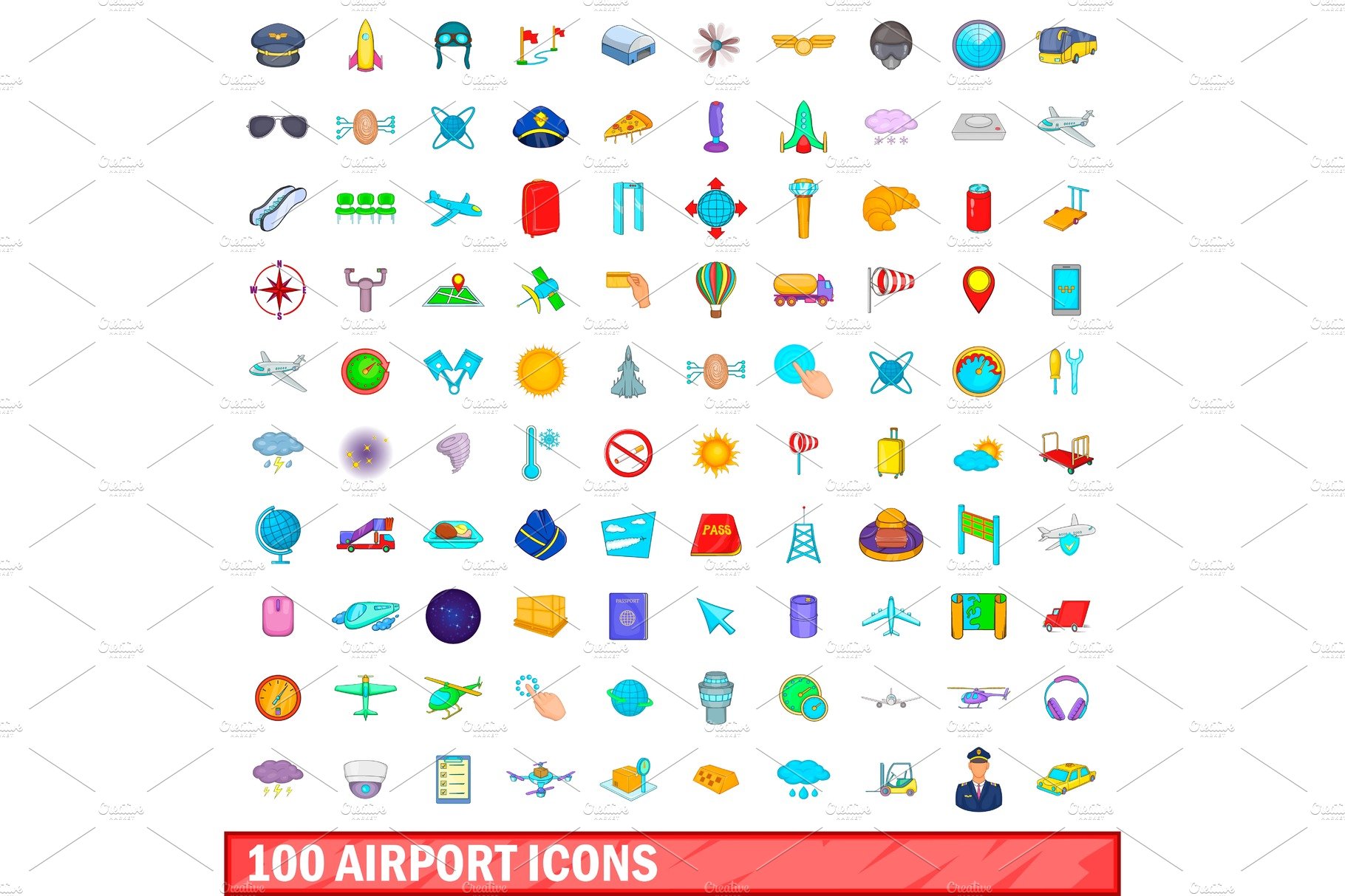 100 airport icons set, cartoon style cover image.