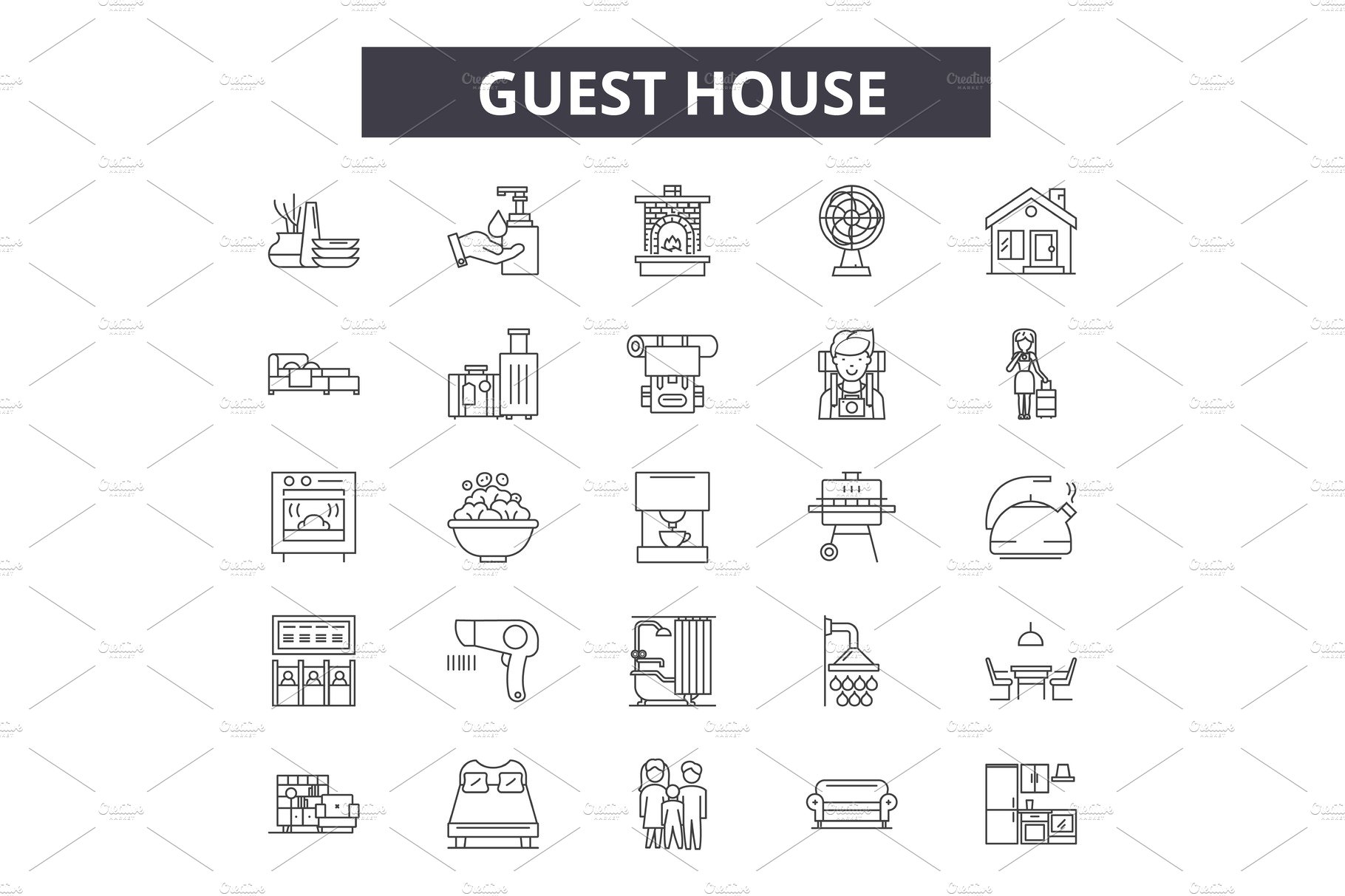 Guest hotel house line icons, signs cover image.