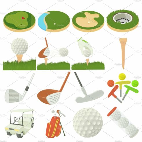 Golf items icons set, cartoon style cover image.