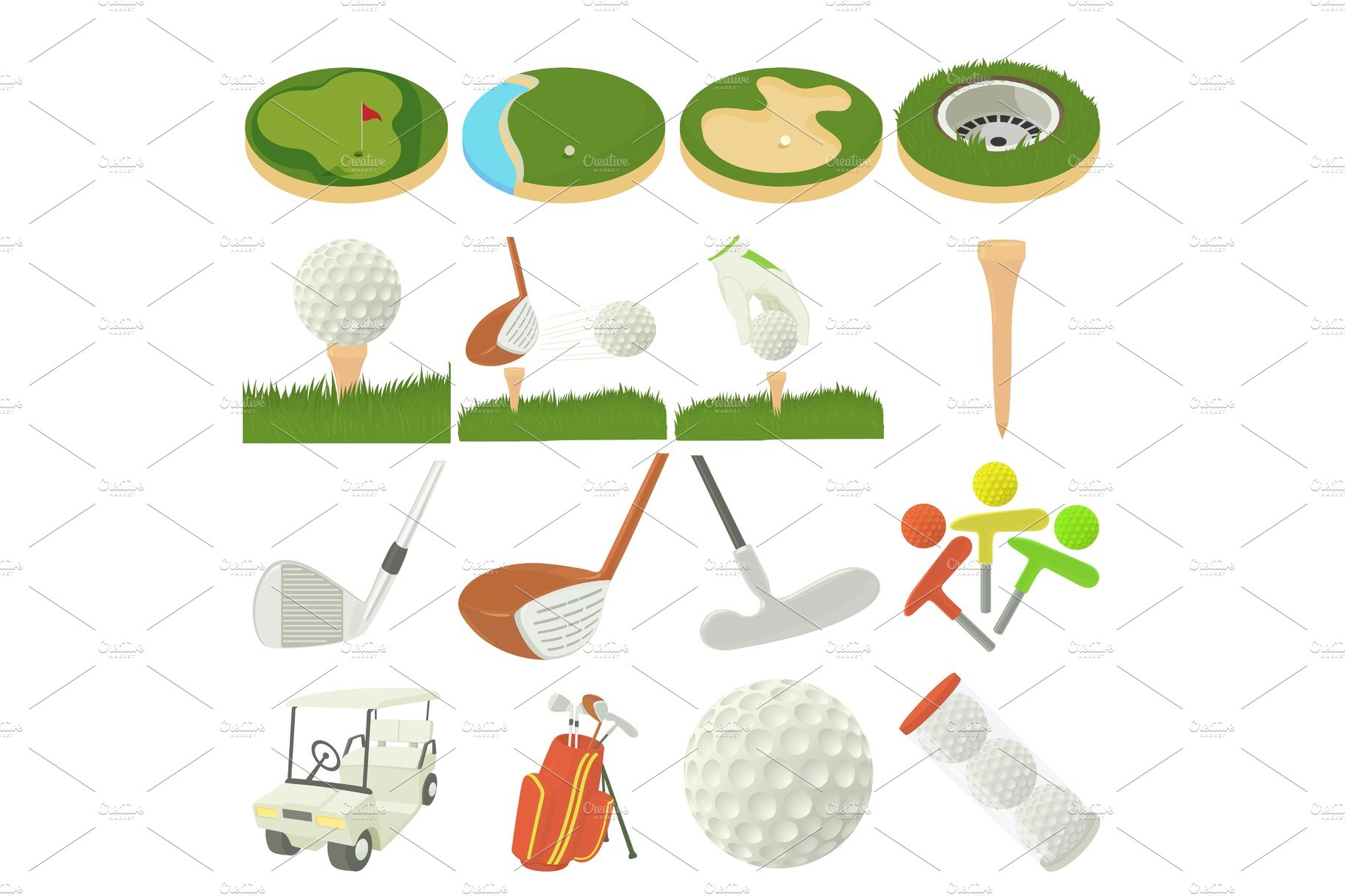 Golf items icons set, cartoon style cover image.