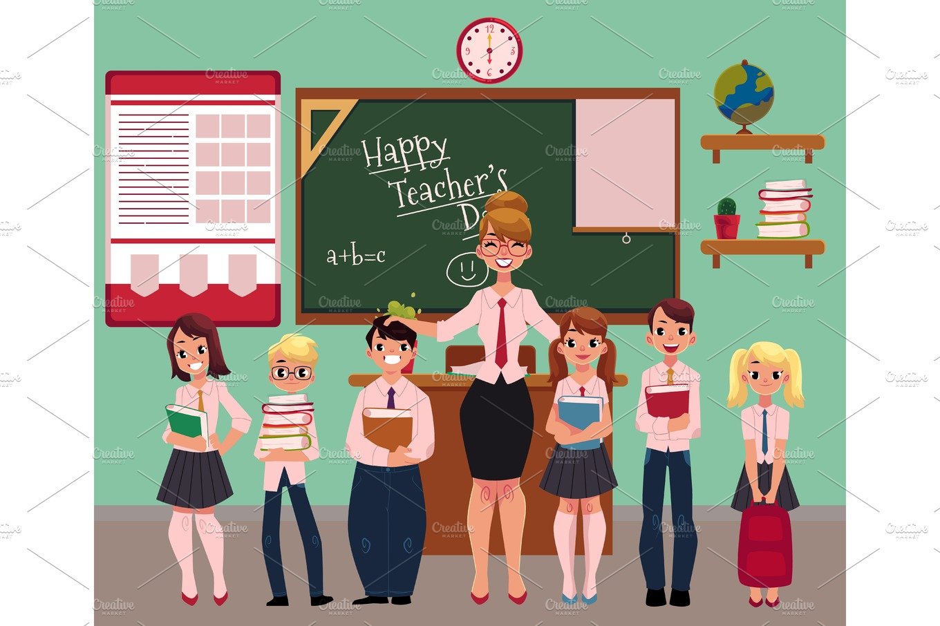Female teacher standing with students in classroom cover image.