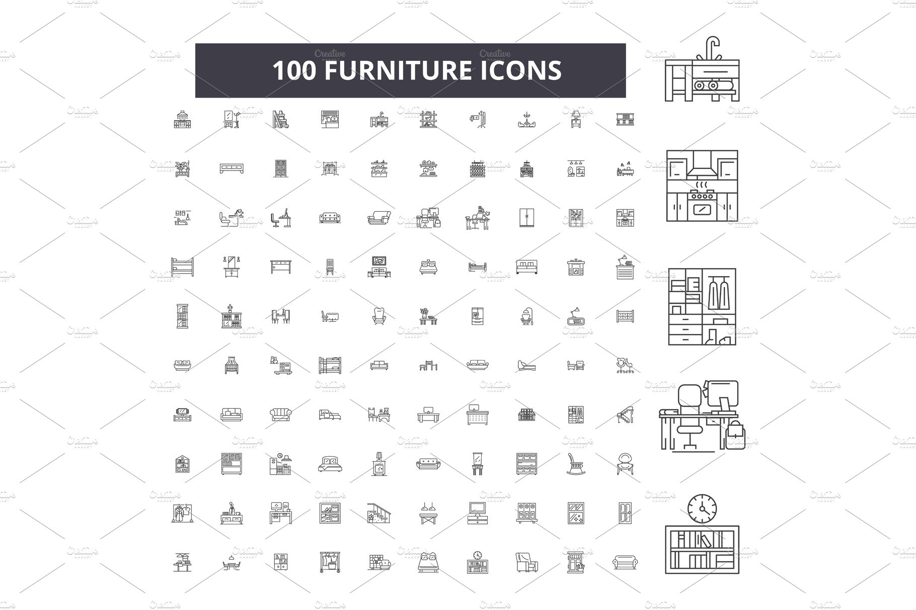 Furniture editable line icons vector cover image.