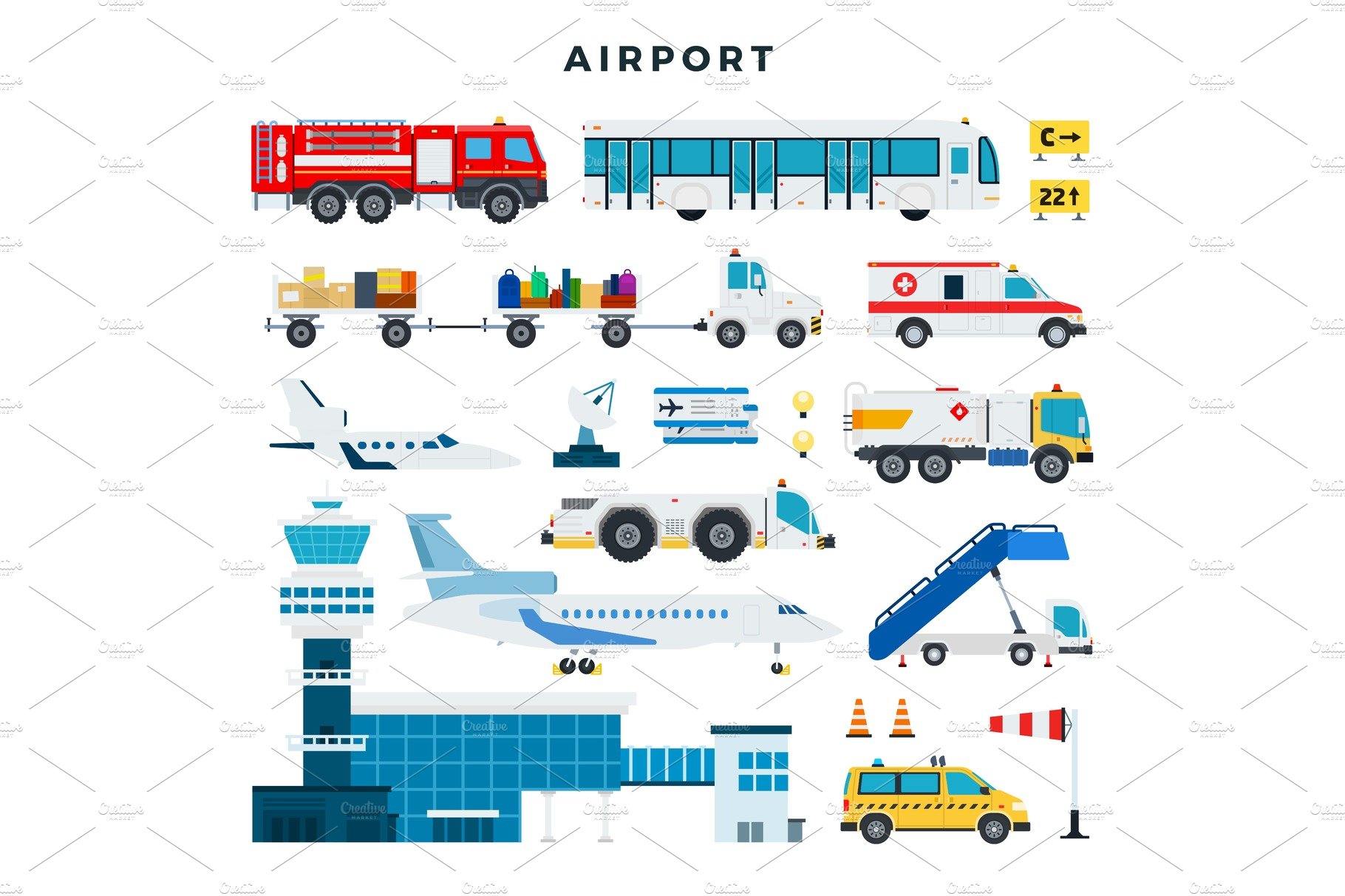 Airport, set of icons. Airport cover image.