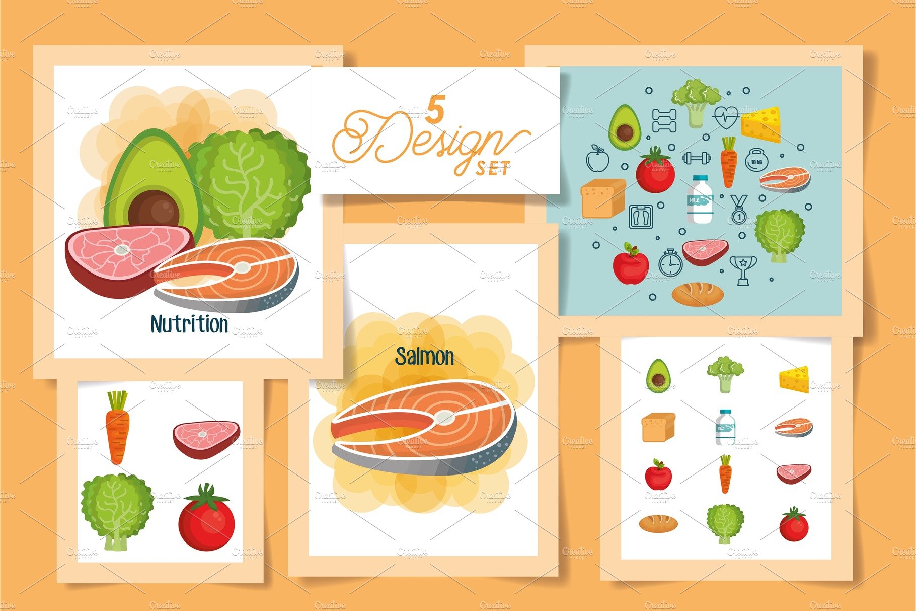five designs of healhty food icons cover image.