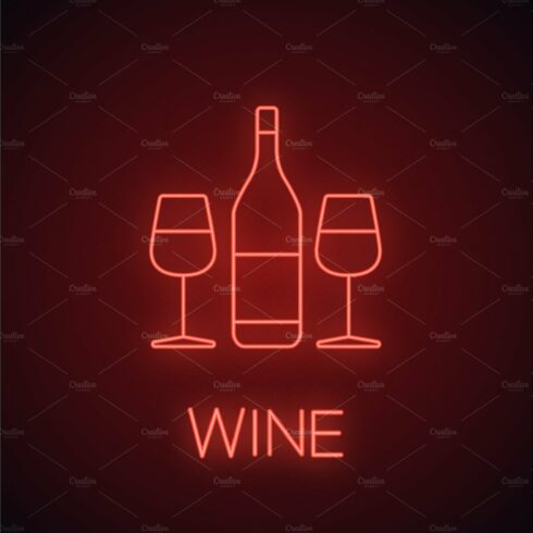 Wine and two glasses neon light icon cover image.