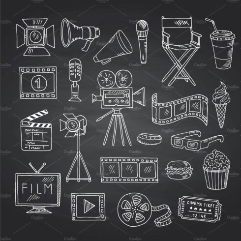 Vector cinema doodle icons on black cover image.