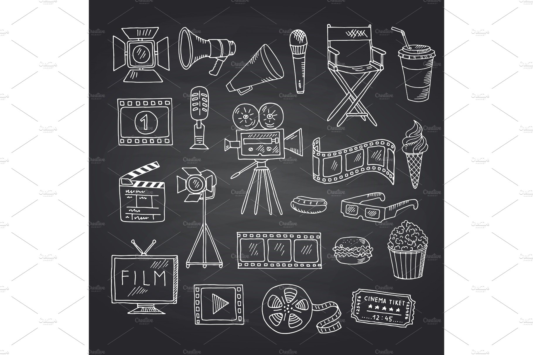 Vector cinema doodle icons on black cover image.