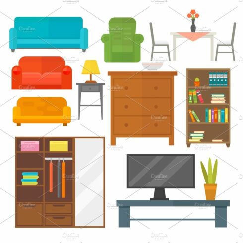 Furniture home decor icon set indoor cabinet interior room library office b... cover image.