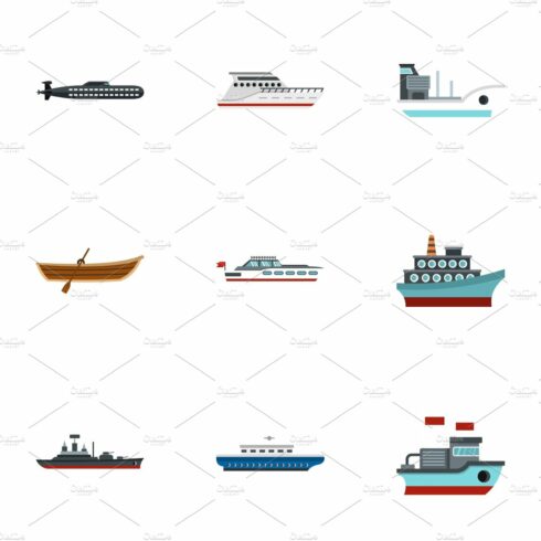 Ocean transport icons set, flat cover image.