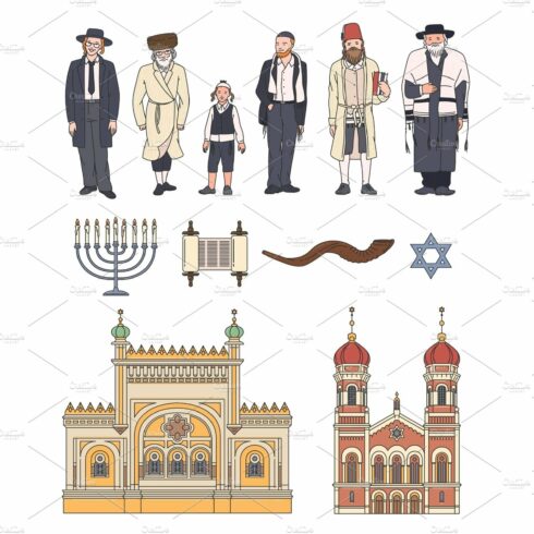 Set of icons on jewish and judaism cover image.