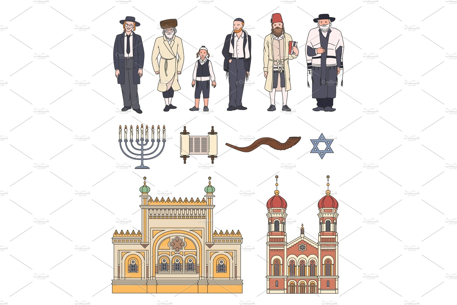 Set of icons on jewish and judaism cover image.