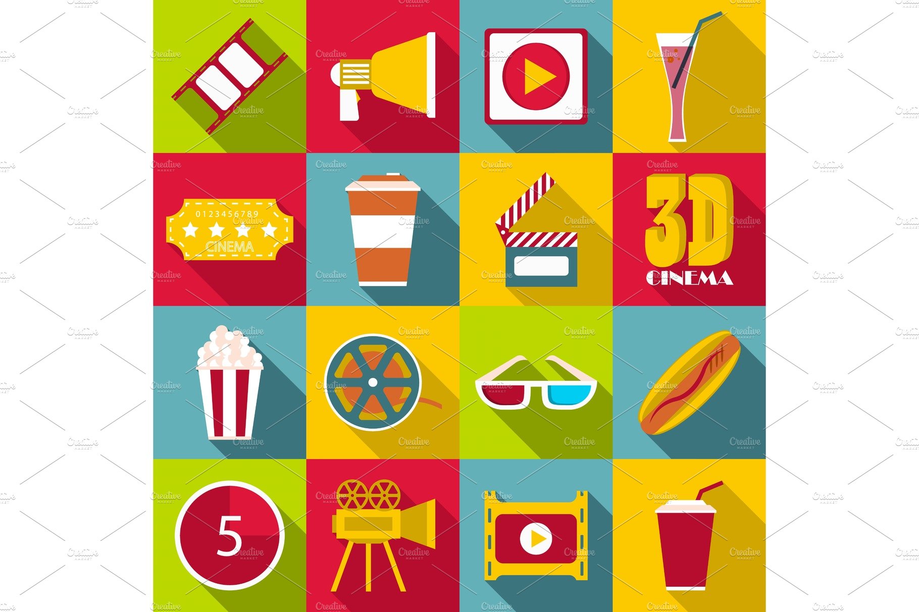 Movie items icons set, flat style cover image.