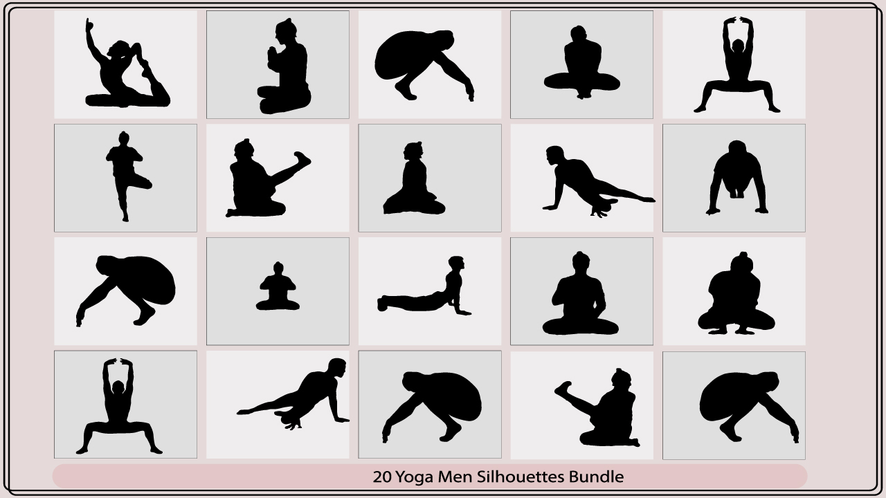 The silhouettes of people doing yoga poses.